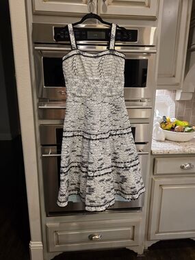 Anthropologie elevenses White and Black Lace-Effect Fit & Flare Midi Dress